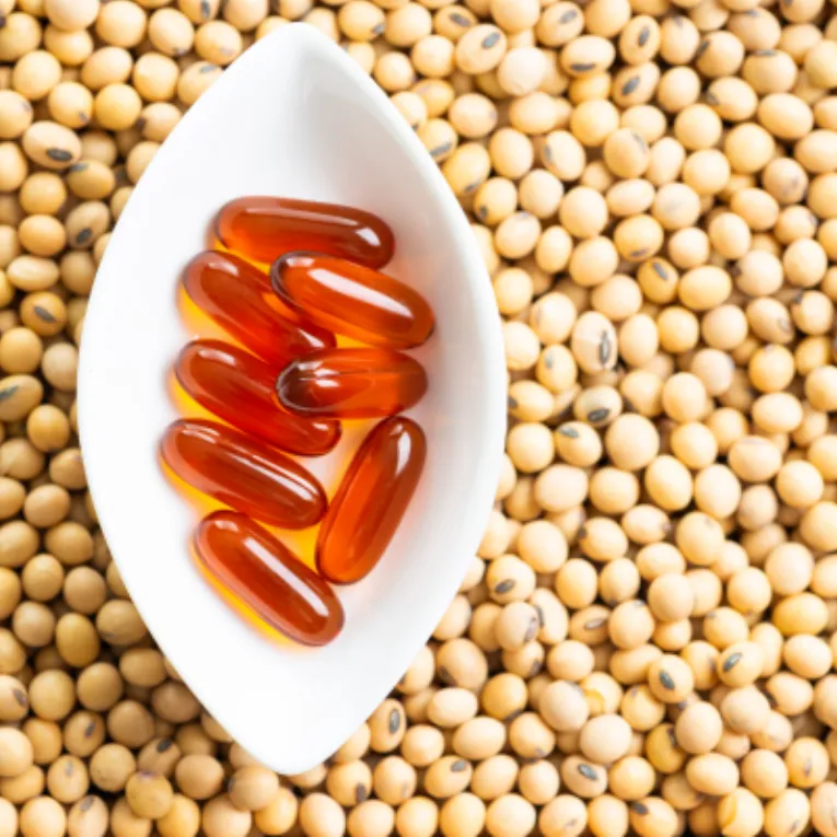 A small dish of lecithin oil capsules